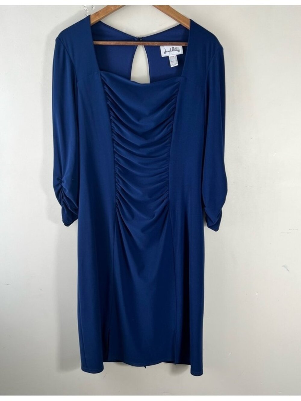 Joseph Ribkoff Women's Fitted Ruched Sheath Jersey Stretch Blue Dress Size 14
